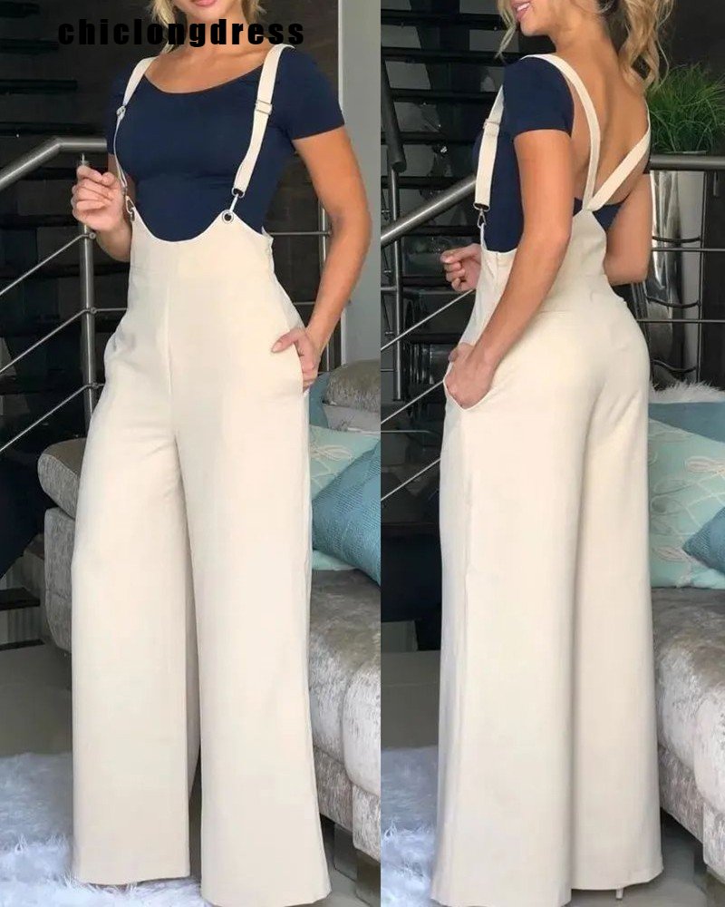 Spring Summer Casual Solid Strap Jumpsuit Women Fashion High Waist Strap Wide Leg Bodysuit Women